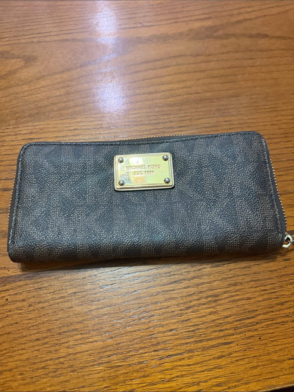 Michael Kors Dark Brown Signature Zip-Around Wallet with Gold Plaque